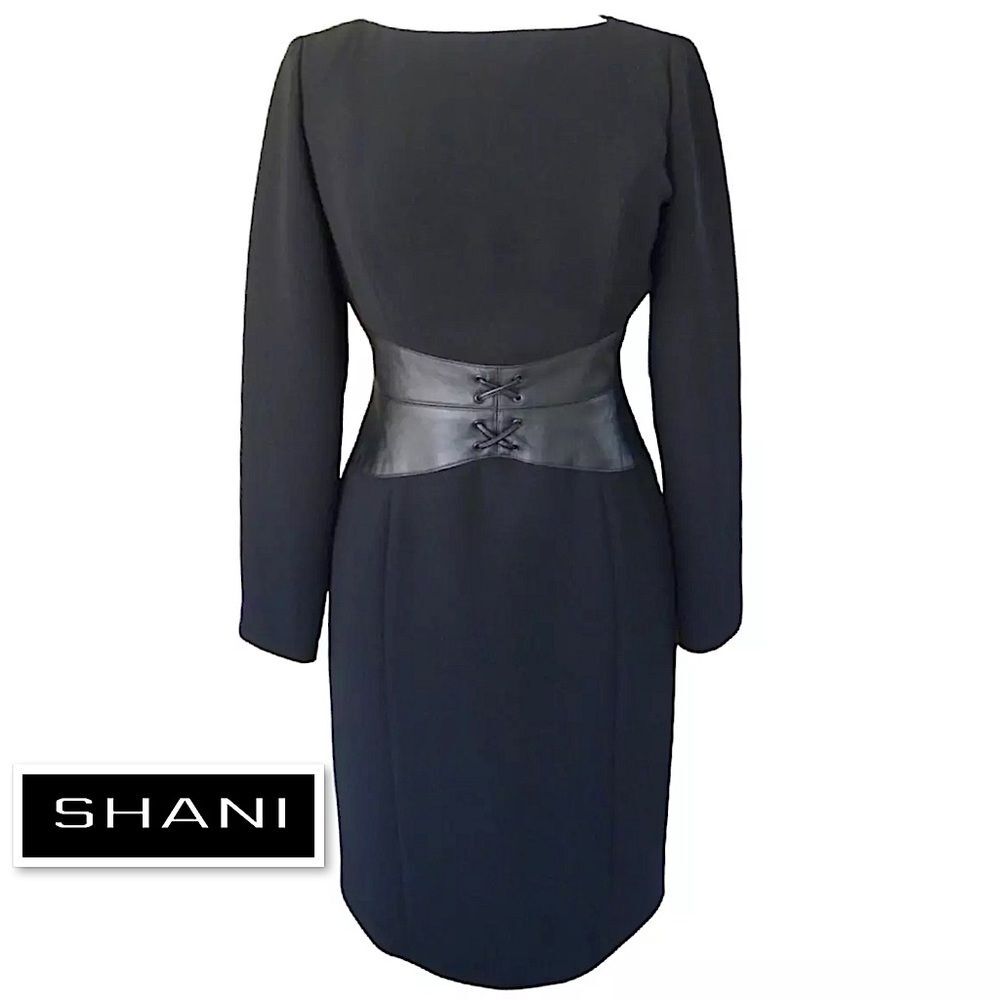 Vintage SHANI Black Leather Corset Waist Pencil Sheath Dress Work Cocktail 12 - Picture 2 of 16